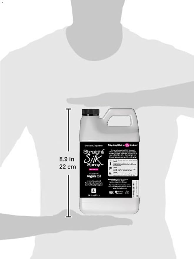 Straight Silk Spray with Moroccan Argan Oil | Hair Straightening Protector & Detangler | Alcohol-Free | Heat Protectant up to 450°F | Flat-Iron | Blow-Dry | Unscented | Hair Spray | MADE IN USA (64oz)