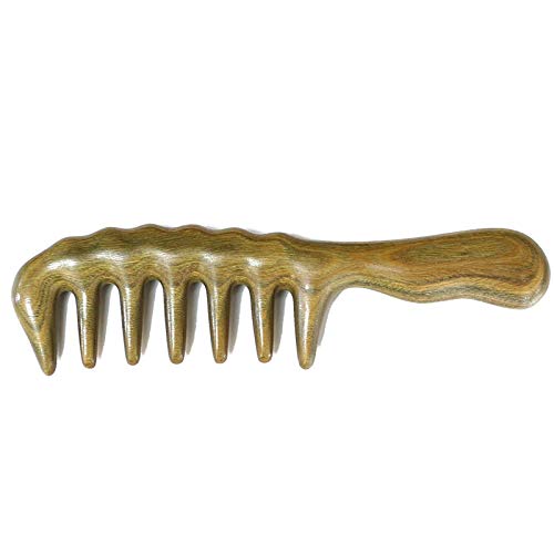 Sitronugras Wood Large Wide Tooth Hair Comb For Thick Curly Hair Head Scalp Massage No Static Green Sandalwood Hair Pick Wooden Comb for Men and Women with free storage pouch