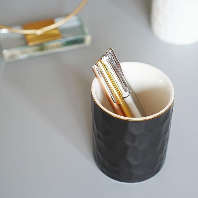 HANKOR Ceramic Pen Holder Cup Pencil Holder for Desk, Makeup Brush Holder Organizer for Office Home, Black