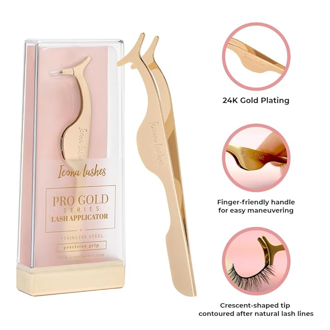 Icona Lashes Eyelash Applicator for False Eyelashes & Lash Extensions || 24K Gold Plated Stainless Steel with Contoured Tip for Precise Application & Ergonomic Handle for Comfortable Grip