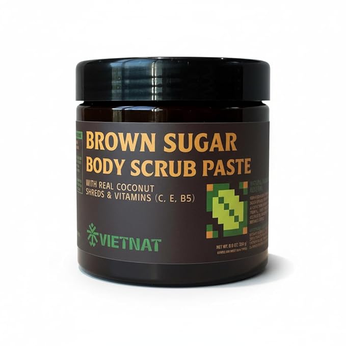 Exfoliating Brown Sugar Body Scrub with Coconut Shreds, Vitamins C, E & B5 – Softens & Refreshes Look of Skin – 8.8 oz