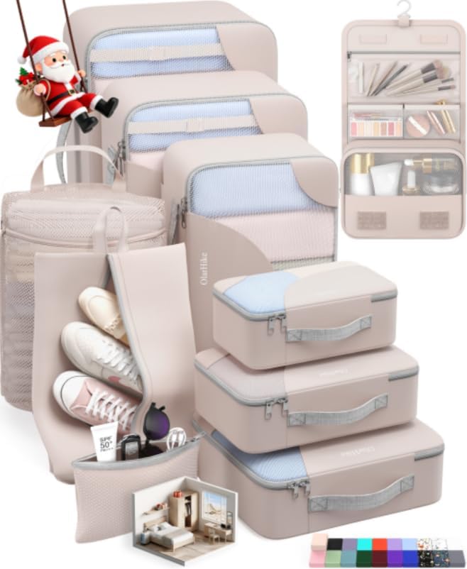 OlarHike ALL INCLUDED 10 Set Durable Packing Cubes for Travel,Gifts for Women Mom Men,Luggage & Suitcase Organizers with Toiletry Bag,Vacation Essentials for Cruise & Plane,Beach Accessories,Beige