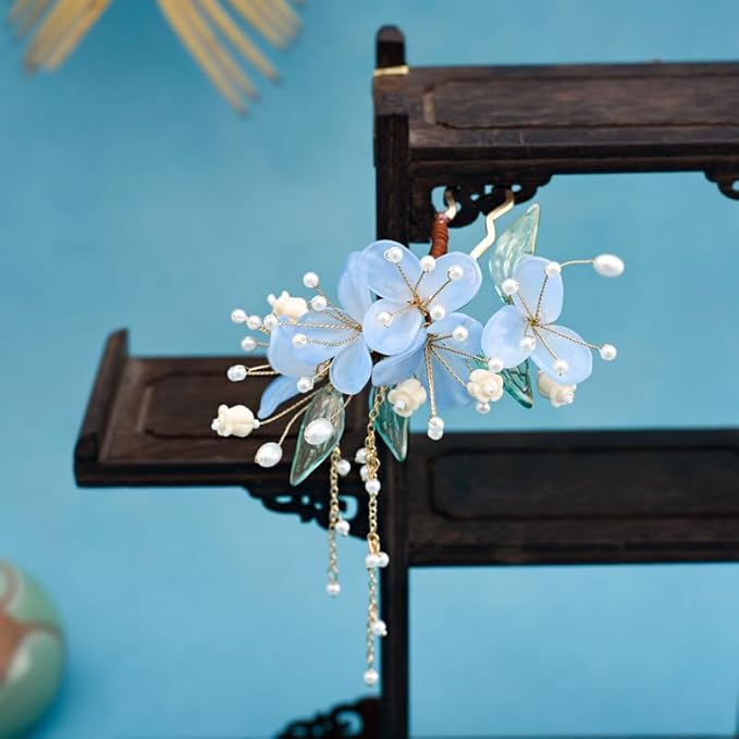 1 pcs Rabithenn Light Blue Narcissus Hairpin with Multiple Flowers and Elegant Pendant - Chinese Floral Hair Stick, Vintage Asian Hair Accessory for Women Gift (Narcissus)
