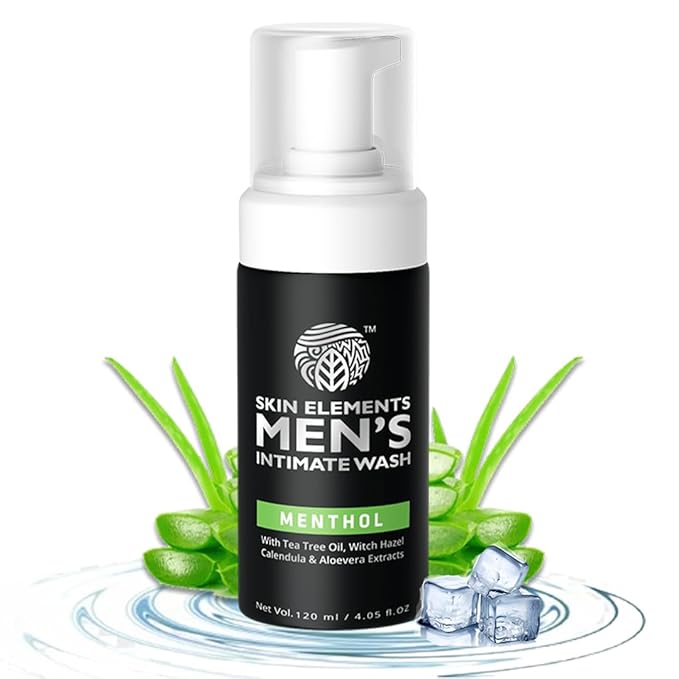 Skin Elements Intimate Wash for Men with Menthol | pH Balanced Foaming Intimate Wash | Jabon Intimo Hombre | Controls Bad Odor and Sweat | Cools and Refreshes Intimate Area | 4.05 fl. Oz.