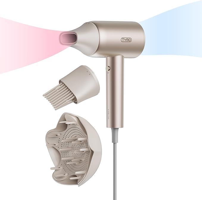 TYMO Diffuser Hair Dryer Blow Dryer - 300 Million Ionic Hairdryer with Diffuser & Comb Attachment for Curly Hair, Professional Blowdryer for Women, Cool Air Button, Small Travel Lightweight, Gold