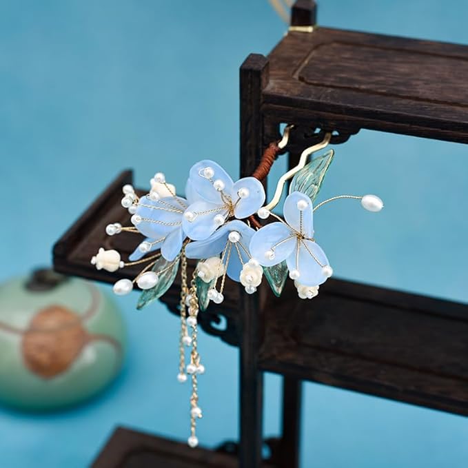 1 pcs Rabithenn Light Blue Narcissus Hairpin with Multiple Flowers and Elegant Pendant - Chinese Floral Hair Stick, Vintage Asian Hair Accessory for Women Gift (Narcissus)