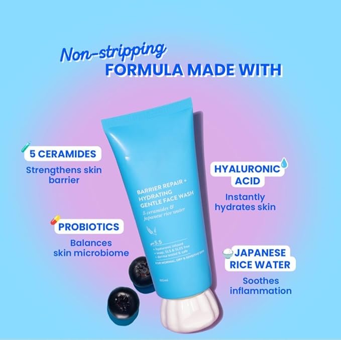 "DOT N & Key" Barrier Repair Hydrating Face Wash with 5 Ceramides, Hyaluronic Acid, pH 5.5, For Normal, Dry & Sensitive Skin, 100ml