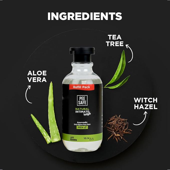 Men's Intimate Wash by PEESAFE | Natural Intimate Wash for Men with Refill (13.52 Fl.Oz) | with Tea Tree Essential Oil | Ayurvedic | pH Balanced Foam based | Ball Washer for Men