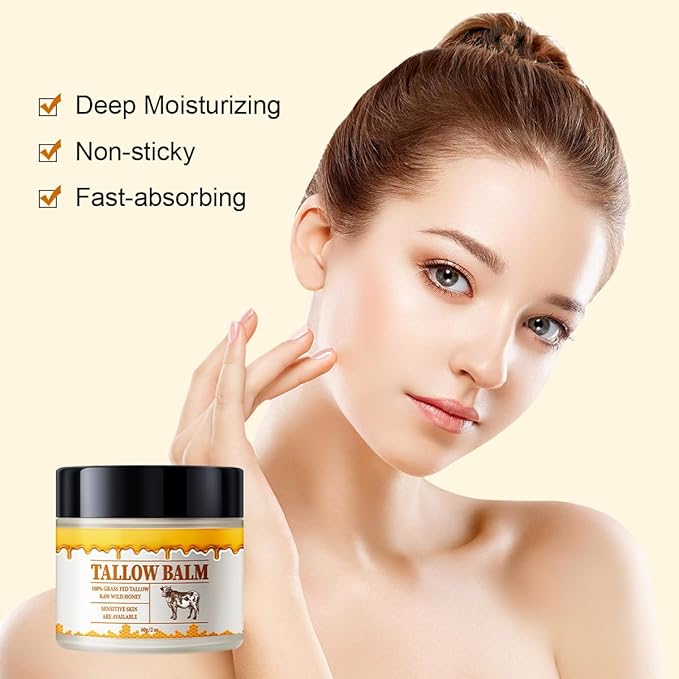 Beef Tallow and Honey Balm for Skin,2 Oz Beef Tallow Balm for Skin Hydration,Grass Fed Beef Tallow Full Body & Face Moisturizer,Tallow Honey Moisturizer,All Natural Body Moisturizing Cream