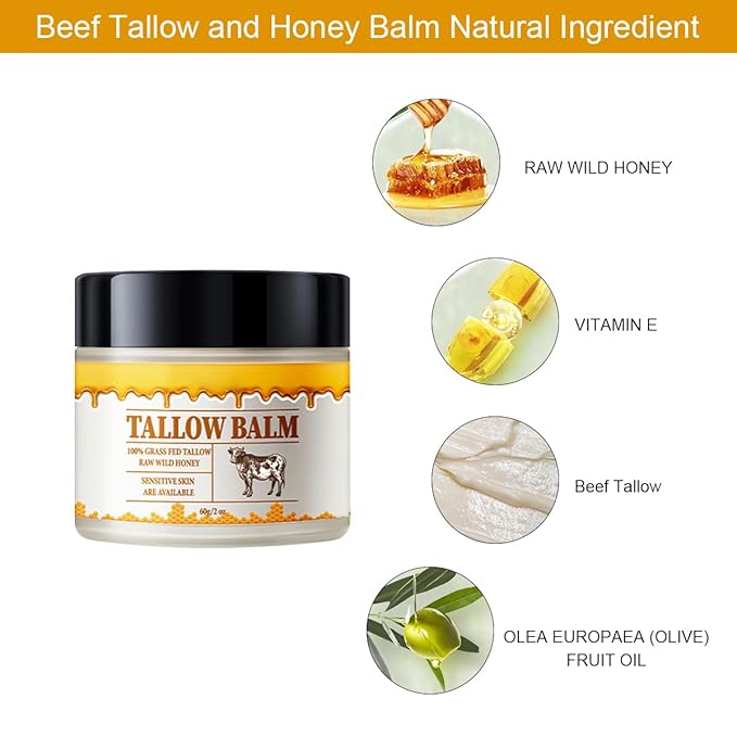Beef Tallow and Honey Balm for Skin,2 Oz Beef Tallow Balm for Skin Hydration,Grass Fed Beef Tallow Full Body & Face Moisturizer,Tallow Honey Moisturizer,All Natural Body Moisturizing Cream