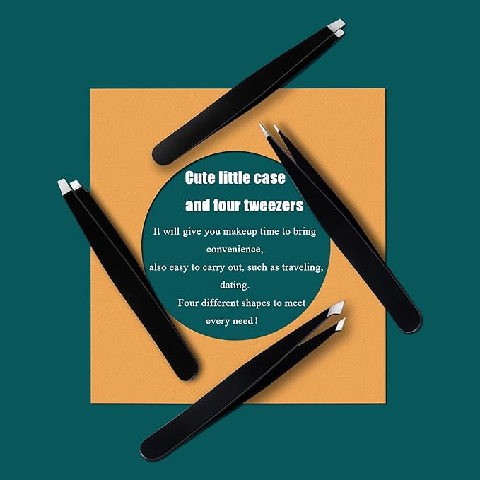 [4+1 Pieces] Tweezers Set with Travel Case, Great Precision Upgrade Professional Anti-rust Alloy Tweezers for Women & Men Multi-purpose as Eyebrows Facial Hair Ingrown Hair Removal