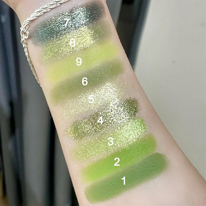 AMY'S DIARY Light Bright Green Glitter Shimmer Eye Shadow Makeup Palette 9 Colors, Emerald Dark Avocado Neon Green Highly Pigmented Matte Glitter Shimmer Pearl Waterproof for woman