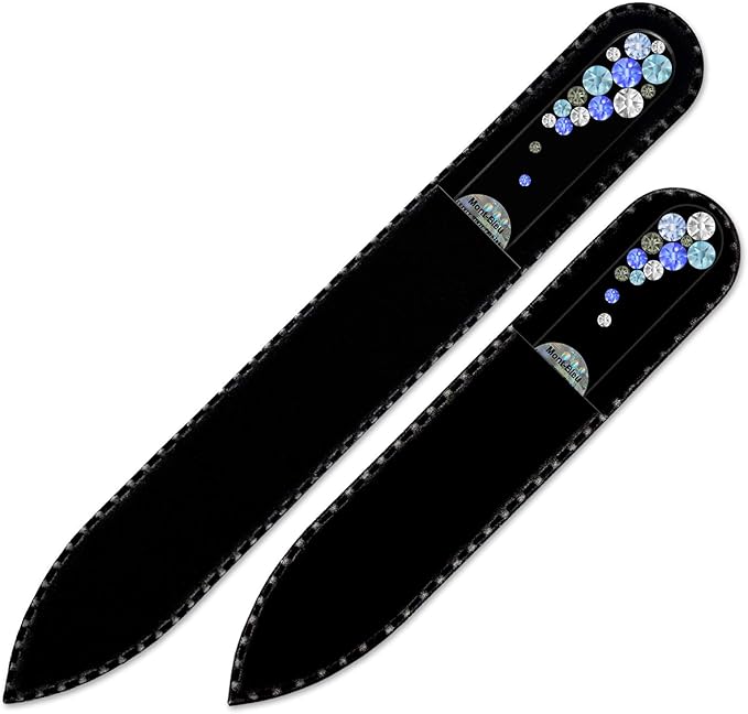 Mont Bleu Premium Set of 2 Glass Nail Files Hand Decorated with Crystals - in Black Velvet Sleeve - Genuine Czech Tempered Glass - Mothers Day Gifts - Fingernail File for Natural Nails