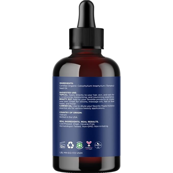 100% Pure Organic Tamanu Oil - Cold Pressed Tamanu Oil Organic for Skin and Hair Care - Virgin Unrefined Non-GMO Vegan & Cruelty Free Skin and Face Moisturizer - Dermatologist-Tested (4 Fl Oz)