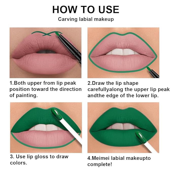 evpct 3Pcs Green Matte Shimmer Lip Liner & Liquid Lipsticks Stain Makeup Set for Women, Green Lip Liner Stain Long Lasting Waterproof Smudge Proof, Cruelty Free Lip Sticks Makeup 24 hours originales