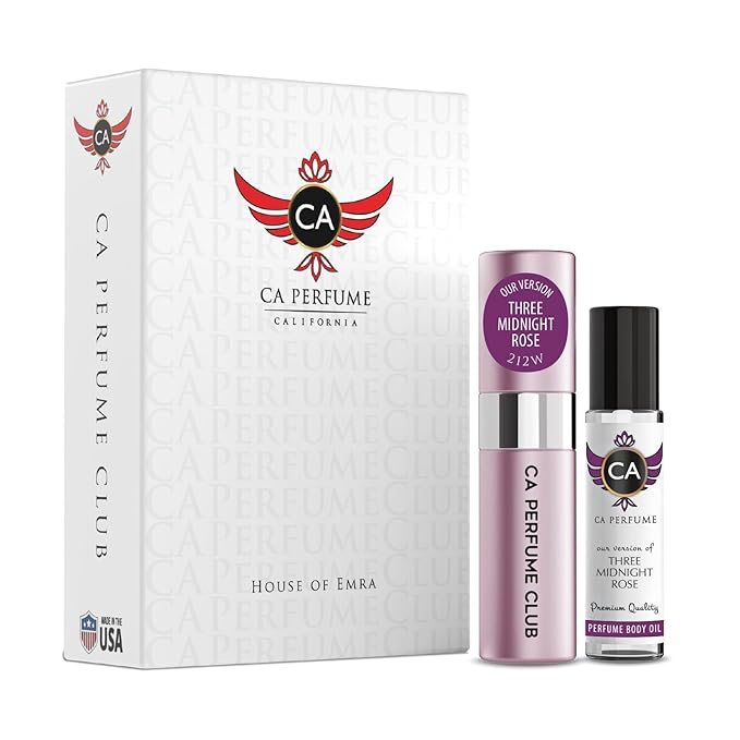 CA Perfume Duo Impression of Three Midnight Rose for Women Eau de Parfum Refillable Atomizer Sprayer + Fragrance Body Oil Roll-On Bottle 0.27 Fl Oz+0.33 Fl Oz