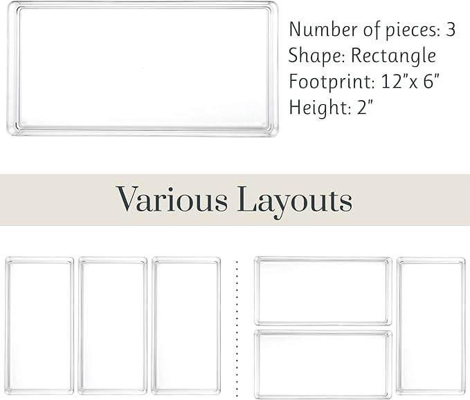 STORi SimpleSort 3-Piece Stackable Clear Drawer Organizer Set | 12" x 6" x 2" Rectangle Trays | Wide Makeup Vanity Storage Bins and Office Desk Drawer Dividers | Made in USA