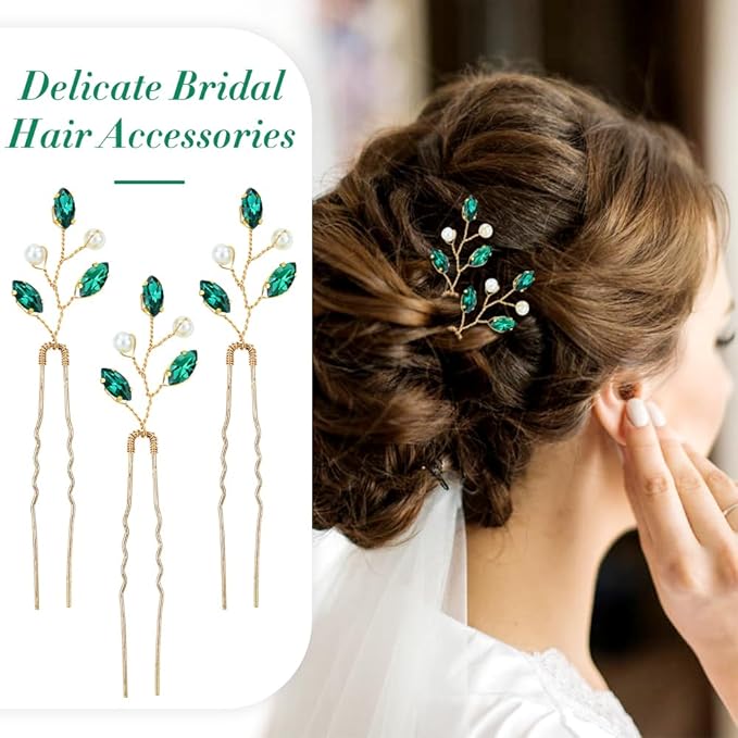 inSowni 7 Pieces Vintage Proms Bridal Wedding Glitter Green Rhinestone Crystal Gold Metal Hair Side Combs Slides U-shaped Hair Pins Accessories for Women Flower Girls Brides Bridesmaids