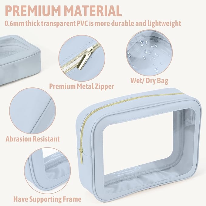 YOPCDJ 5PCS Clear Toiletry Bag,TSA Approved Travel Makeup Pouch with Zipper for Cosmetics and Toiletries，Diaper Bag Organizer Pouch Set，Women's Purse Organizer and Clear Car Bag