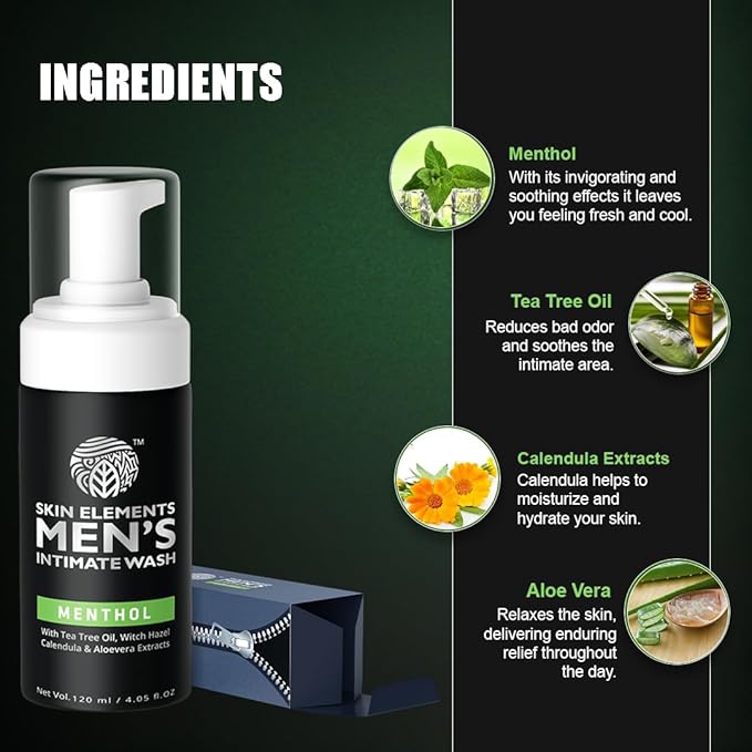 Skin Elements Intimate Wash for Men with Menthol | pH Balanced Foaming Intimate Wash | Jabon Intimo Hombre | Controls Bad Odor and Sweat | Cools and Refreshes Intimate Area | 4.05 fl. Oz.