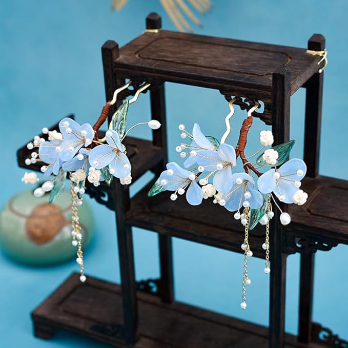 1 pcs Rabithenn Light Blue Narcissus Hairpin with Multiple Flowers and Elegant Pendant - Chinese Floral Hair Stick, Vintage Asian Hair Accessory for Women Gift (Narcissus)