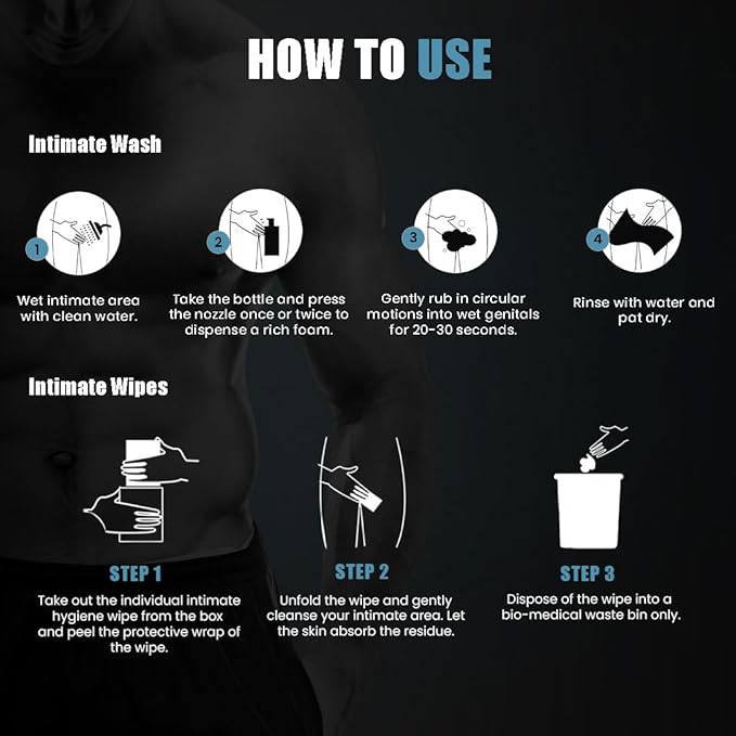 Skin Elements Intimate Hygiene Combo| Intimate Wash Men 120 ml+Intimate Wipes 30 Individual Sachets With Tea Tree & Neem Extracts - pH Balanced Foaming Wash Prevents Irritation & Bad Odor