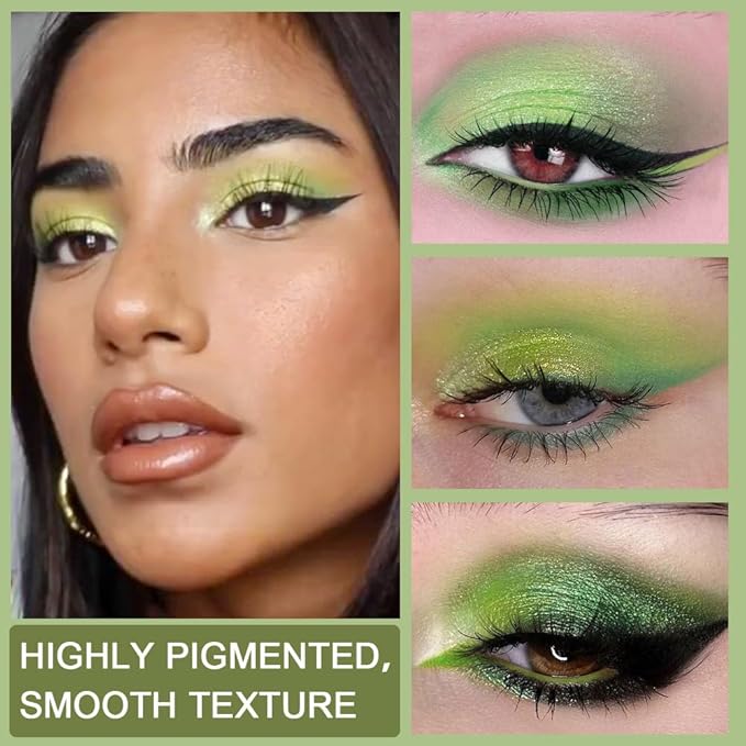 AMY'S DIARY Light Bright Green Glitter Shimmer Eye Shadow Makeup Palette 9 Colors, Emerald Dark Avocado Neon Green Highly Pigmented Matte Glitter Shimmer Pearl Waterproof for woman