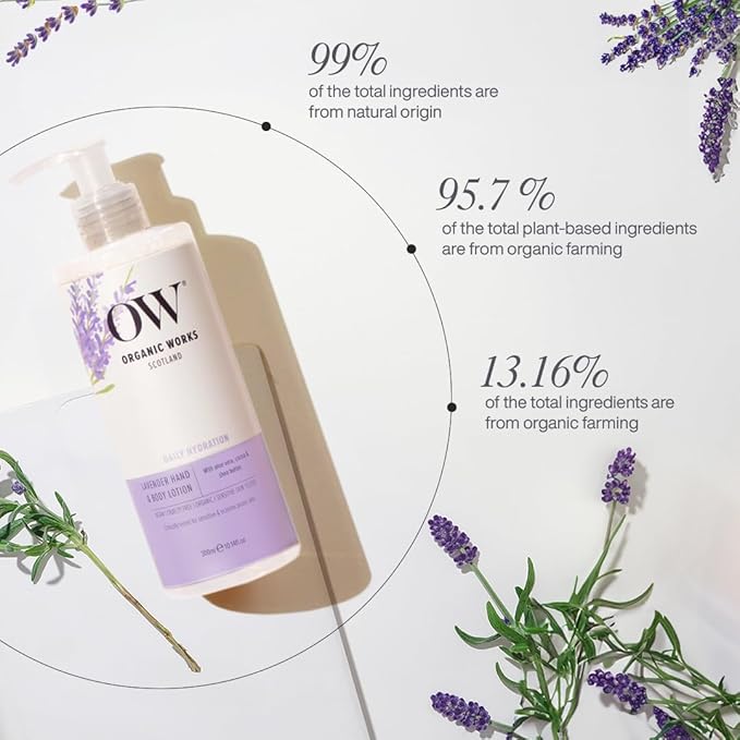 Organic Works Daily Hydration Hand and Body Lotion - Enriched with Vitamin E, Cocoa Butter Lotion for Skin Hydration - Lavender - 10.14 oz