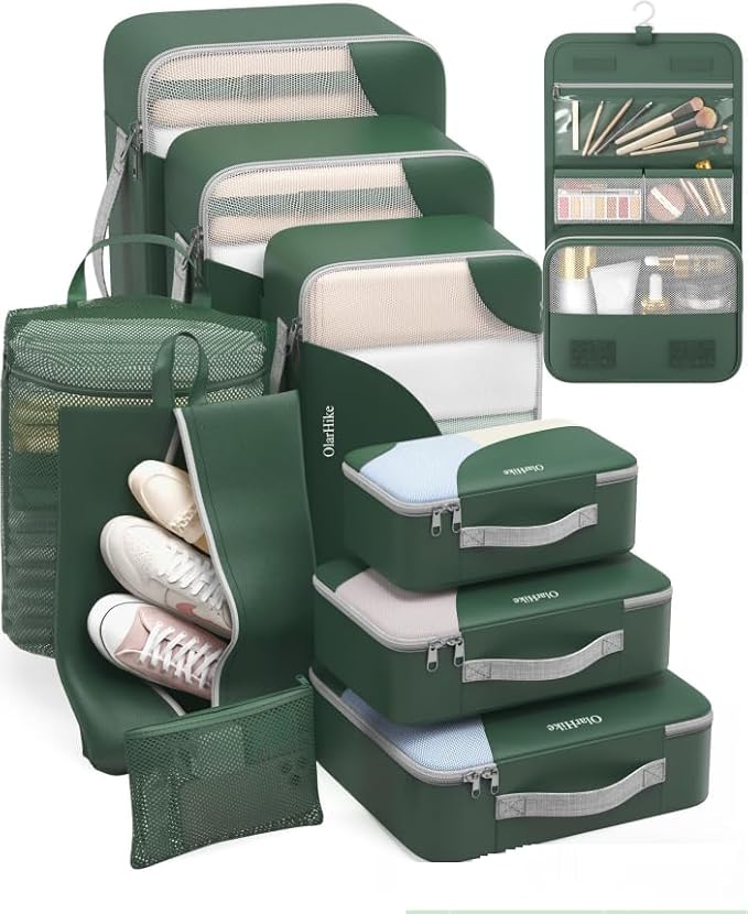 ALL INCLUDED 10 Set Durable Packing Cubes for Travel,Christmas Gifts for Women Mom, UPGRADED Anti-Tear Stitching, NEW Improved Luggage Packing Organizers for Suitcases Accessories (Dark Green)