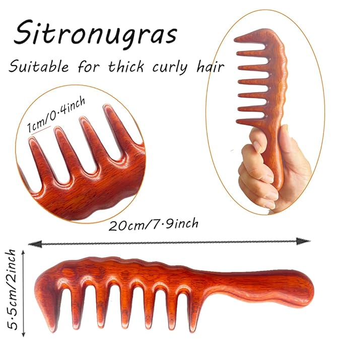 Sitronugras Handmade Wide Tooth Sandalwood Comb, Scalp Massage Hair Pick, Anti-Static Natural Detangler for Men and Women with Free Pouch