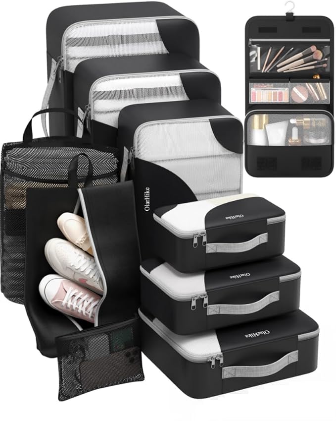 ALL INCLUDED 10 Set Durable Packing Cubes for Suitcases,OlarHike Essentials for Travel,UPGRADED Anti-Tear Stitching, NEW Improved Luggage Packing Organizers for Travel Accessories (Ink)