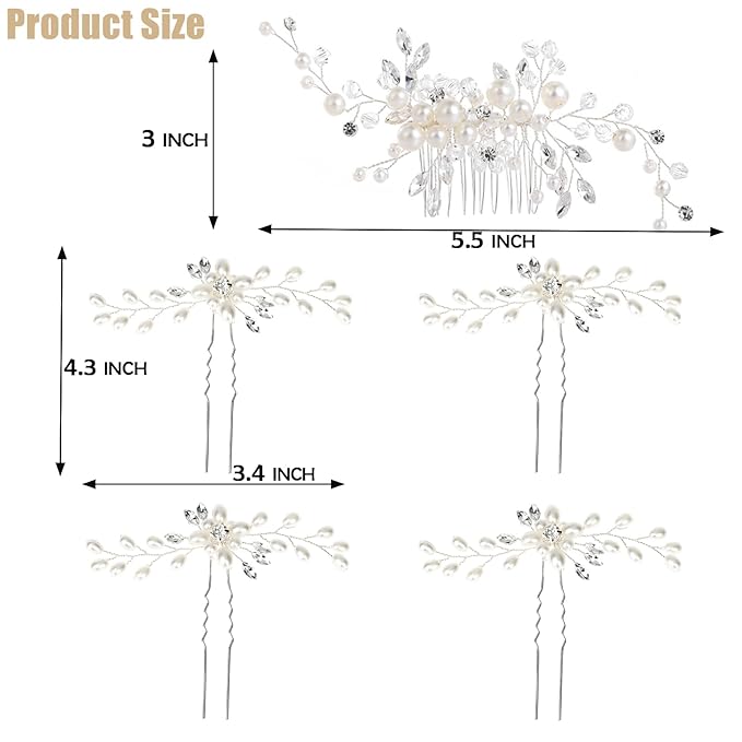 5 Pieces Wedding Hair Accessories: Pearl Crystal Rhinestone Hair Comb, Hair Pins for Brides, Bridesmaids, Women, Girls (Silver, Gold)