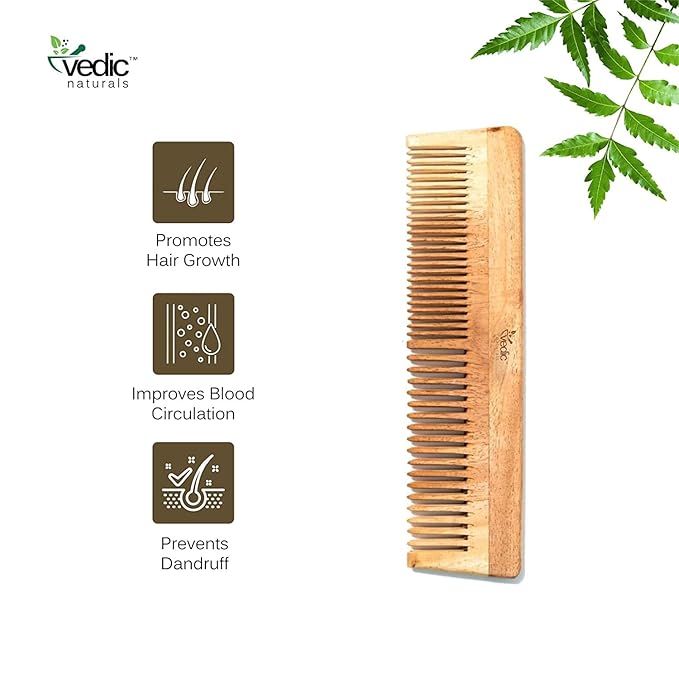 Vedic Naturals 100% Pure & Natural Neem Wood Comb | Promotes Hair Growth, Reduces Hair Fall & Control Dandruff | Wide & Thin Teeth