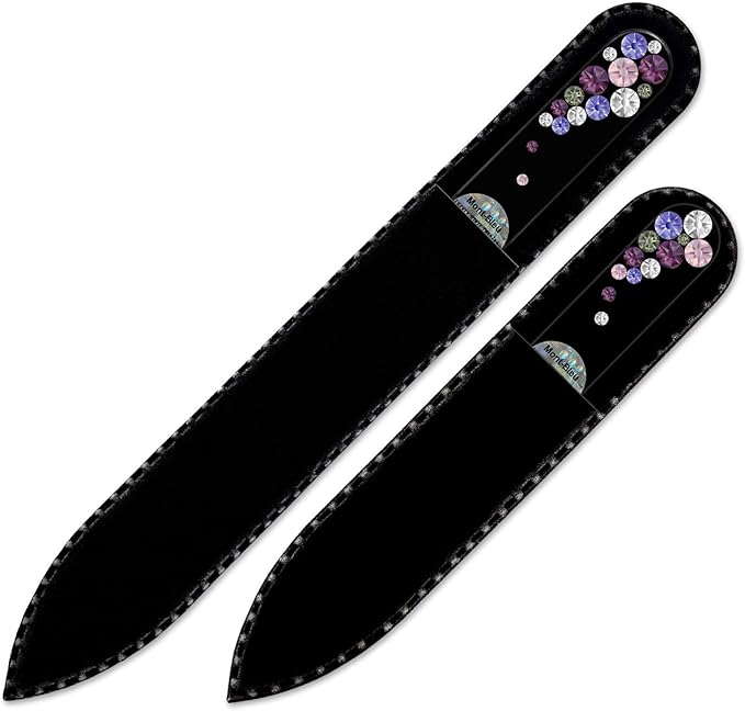 Mont Bleu Premium Set of 2 Crystal Nail Files Hand Decorated with Crystals - in Black Velvet Sleeve - Genuine Czech Tempered Glass - Best Glass Nail Files Kit for Natural Nails