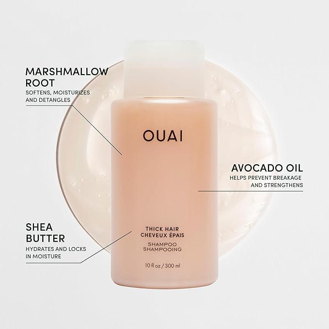 OUAI Thick Shampoo Travel Size - Moisturizing Shampoo with Keratin, Marshmallow Root, Shea Butter, Avocado Oil for Thick Hair - Strengthens & Hydrates - Paraben & Sulfate Free (3 Fl Oz)