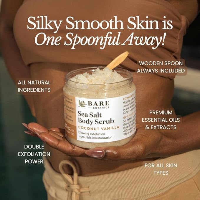 Bare Botanics Lemon Orange Body Scrub 24oz | Made in Madison, WI | All Natural Sea Salt Exfoliator w/ Skin Loving Moisturizers | Vegan & Cruelty Free | Gift Ready Packaging w/ a Cute Wooden Spoon
