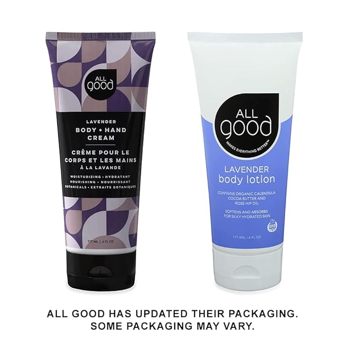 All Good Hand & Body Lotion - Moisturizing Organic Lotion for Dry Skin - Lavender Oil, Cocoa Butter, Rosehip Oil, Arnica, Vitamin E - Non-Greasy Body Butter, 6 fl oz (Lavender)