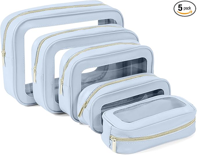 YOPCDJ 5PCS Clear Toiletry Bag,TSA Approved Travel Makeup Pouch with Zipper for Cosmetics and Toiletries，Diaper Bag Organizer Pouch Set，Women's Purse Organizer and Clear Car Bag