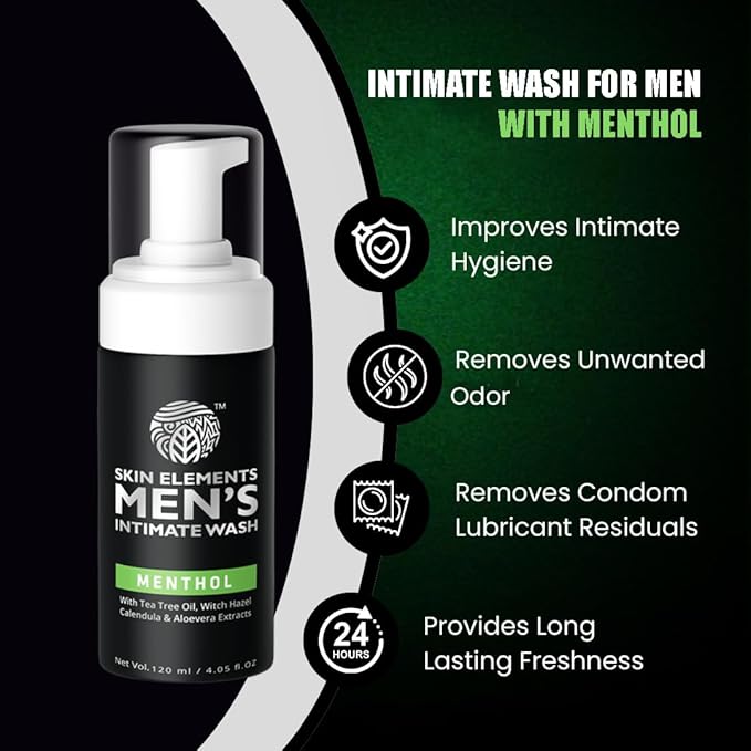Skin Elements Intimate Wash for Men with Menthol | pH Balanced Foaming Intimate Wash | Jabon Intimo Hombre | Controls Bad Odor and Sweat | Cools and Refreshes Intimate Area | 4.05 fl. Oz.