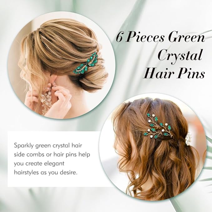 inSowni 7 Pieces Vintage Proms Bridal Wedding Glitter Green Rhinestone Crystal Gold Metal Hair Side Combs Slides U-shaped Hair Pins Accessories for Women Flower Girls Brides Bridesmaids