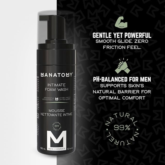 MANATOMY® Intimate Foam Wash for Men, Ball Wash, pH-Balanced Gentle Cleanser, Hydrating Aloe Vera & Witch Hazel Formula, Refreshing & Soothing Intimate Care, Signature Masculine Scent, 150ml