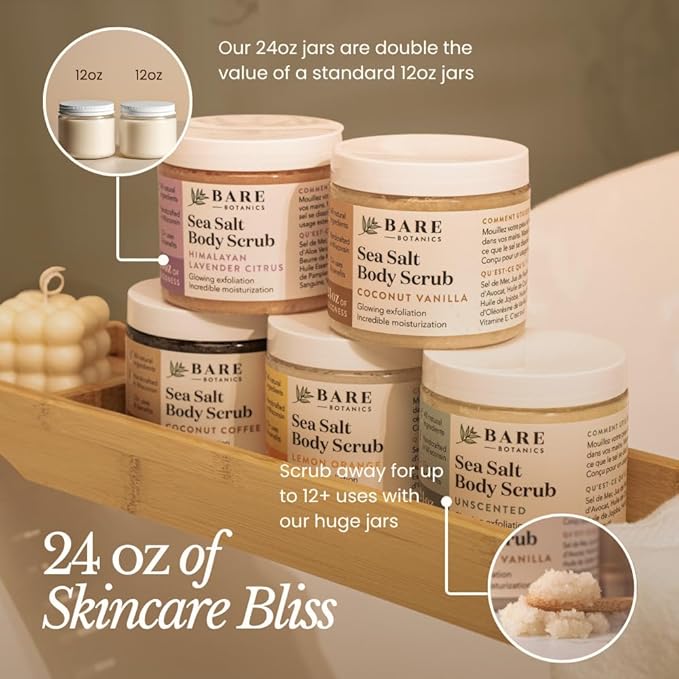 Bare Botanics Body Scrub 24 oz - Naturally Scented Salt Scrub Made in Madison WI - Formulated w/Skin Loving Moisturizers - Cruelty Free Exfoliator w/a Cute Wooden Spoon - Himalayan Lavender Citrus