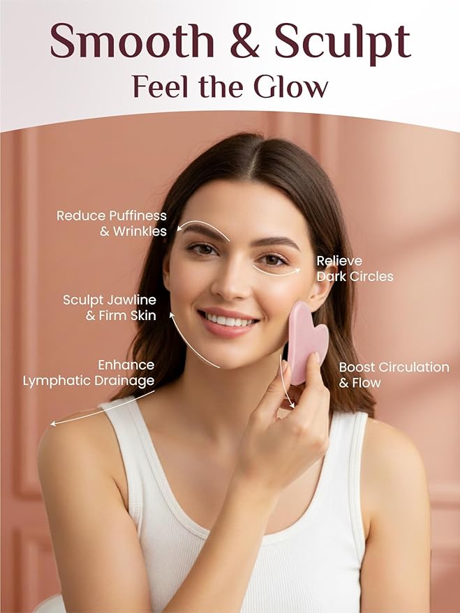 Rena Chris Gua Sha Facial Tools, Rose Quartz Guasha Tool for Acupuncture, Manual Massage Tool for Jawline Sculpting and Puffiness Reducing, Gua Sha Facial Massage Tool, Skin-Care Gift (Pink)