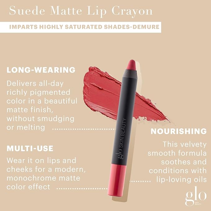 Glo Skin Beauty Suede Matte Lip Crayon (Demure) - Longwearing Formula Stays On All Day, With Conditioning Shea Butter + Mango Seed Oil for a Velvety Smooth Finish