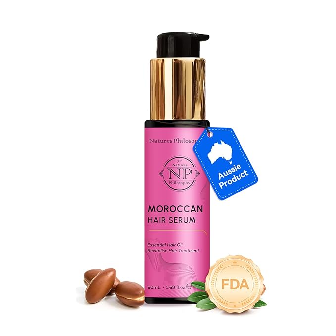 NP NATURES PHILOSOPHY Moroccan Argan Oil - Hair Serum Organic Essential Oil, Anti-Frizz, Repairs Damaged Hair, Adds Shine for All Hair Types Aussie Allergy-Free Moroccan Oil Hair Products 1.69 Fl oz