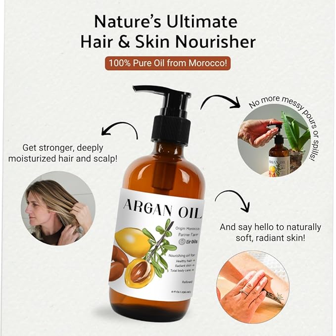 Argan Oil for Hair Growth Oil 8oz (Aceite de Argan) - 100% Pure Cold Pressed Moroccan Oil with Pump - Suitable for Colored & Damaged Hair - Argan Oil for Face, Body Oils, Nail & Scalp