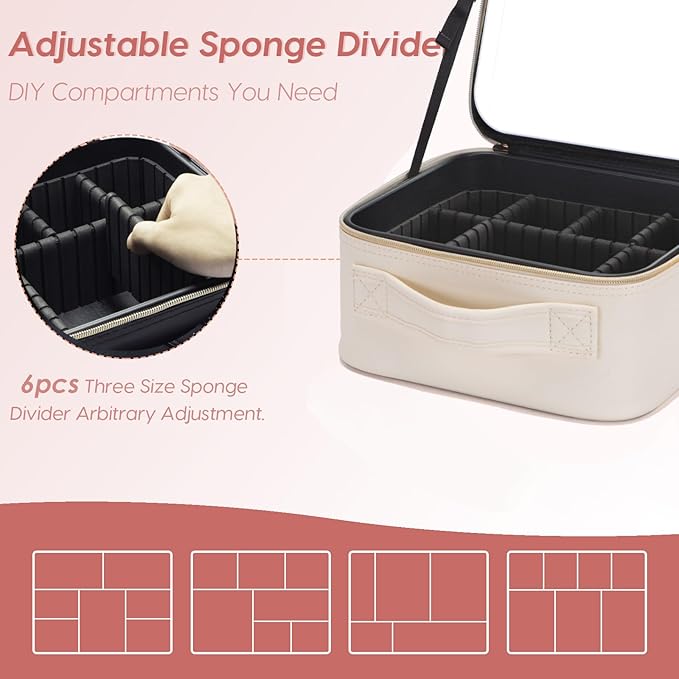 ZhenGuiRu Travel Makeup Bag with LED Mirror – Waterproof Cosmetic Train Case with Adjustable Dividers, Portable Makeup Organizer and Toiletry Bag for Women, Pink Teens & Girls Gift