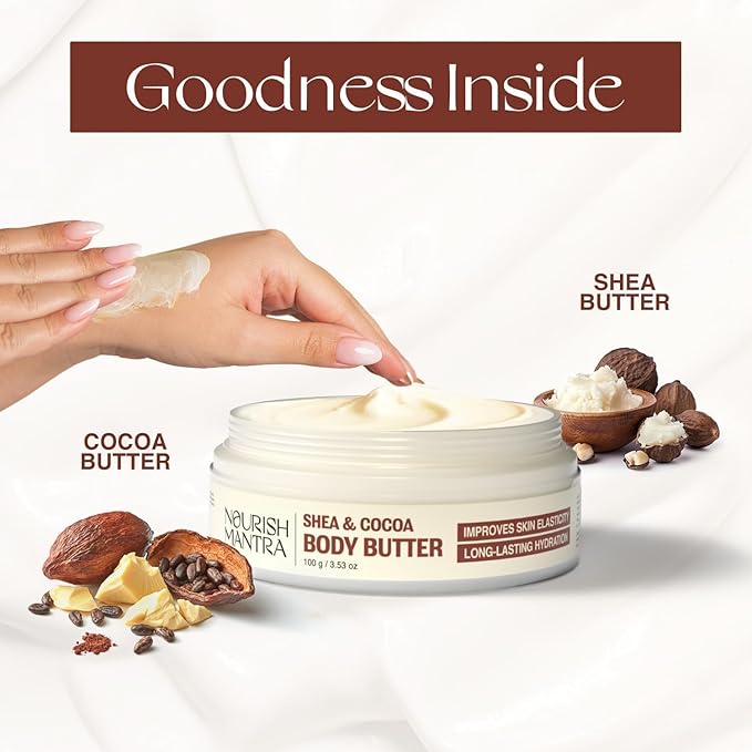NOURISH MANTRA Shea & Cocoa Body Butter | Creamy Moisturizer for Long-Lasting Moisture & Soft Skin | Infused with Shea Butter & Cocoa Butter | Suits All Skin Types | For Women & Men | 100 g