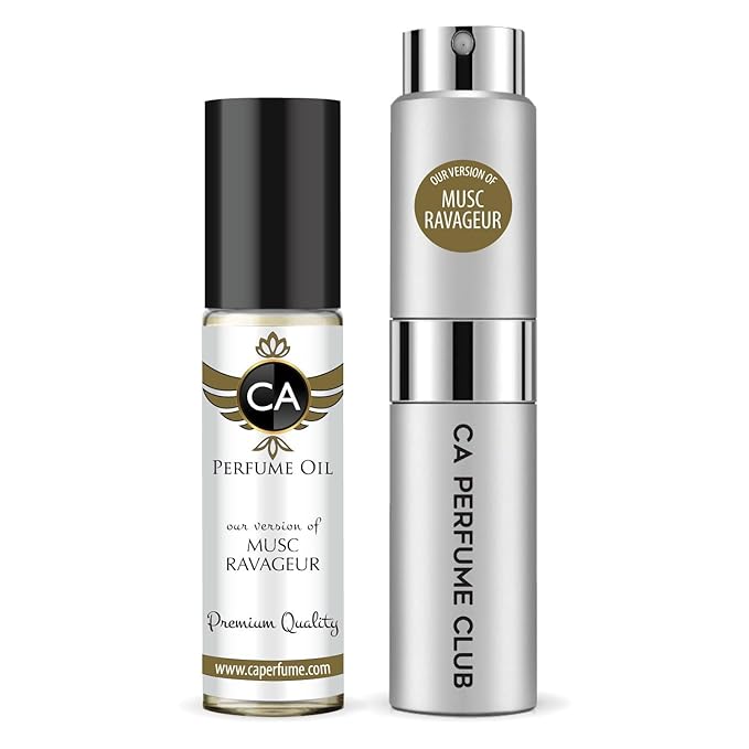 CA Perfume Duo Impression of Musc Ravageur For Women And Men Perfume Layering Set Long Lasting Travel Size EDP + Body Oil Roll-On Bottle 0.27 Fl Oz+0.33 Fl Oz