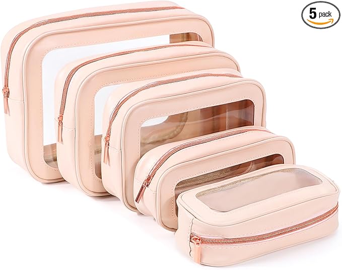 YOPCDJ 5PCS Clear Toiletry Bag,TSA Approved Travel Makeup Pouch with Zipper for Cosmetics and Toiletries，Diaper Bag Organizer Pouch Set，Women's Purse Organizer and Clear Car Bag